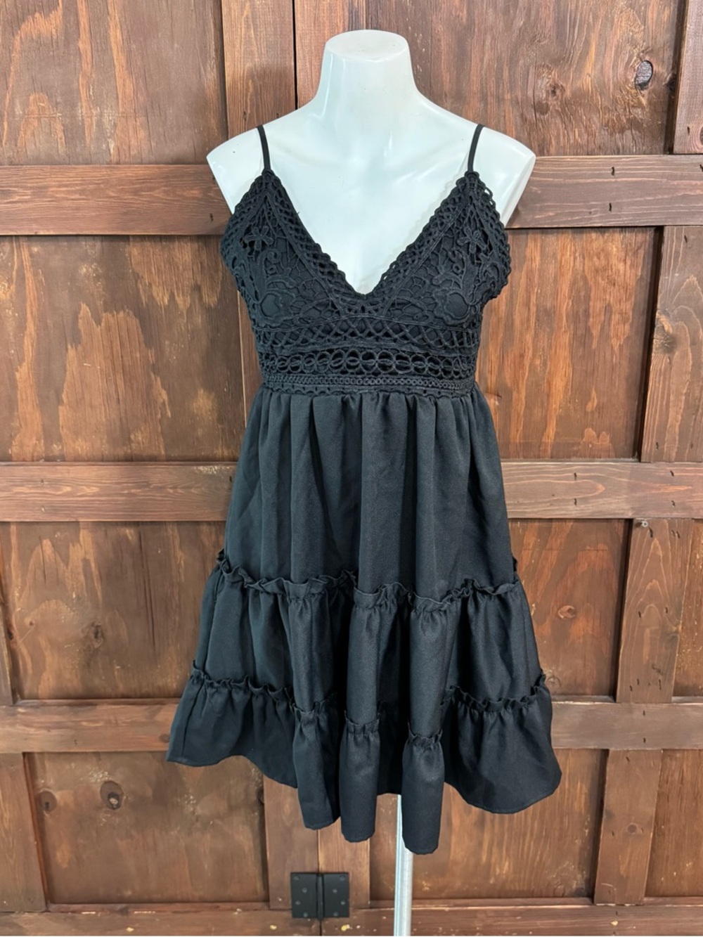 Say What? Black Crochet Bodice Spaghetti Strap Mini Dress